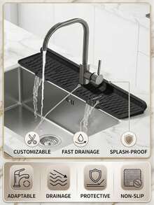 Faucet Drain Mat, Kitchen Silicone Mat, Foldable Splash-Proof Drainage Tray, Dish Drain Mat, Non-Slip, High-Temperature Resistant Splash-Proof Mat, Waterproof Countertop Protector For Kitchen And Bathroom Sinks, Suitable For Kitchens And Bathrooms. - Black - View 4