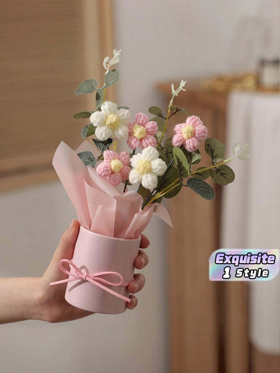 手工花束粉色禮品桶裝，雛菊花藝蝴蝶結裝飾，迷你人造花桌飾，生日禮物居家裝飾 - 粉色系小花筒花束 - 查看 1