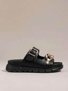 HighSole Women's Metal Chain Decor Buckle Design Casual Flat Slide Sandals - Black - View 2