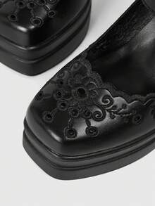 ROMWE Goth Ladies Sexy Platform High Heels Shoes Dark Retro Hollow Embroidery Engraved Bow Daily Commute Nightclub Party - Black - View 5