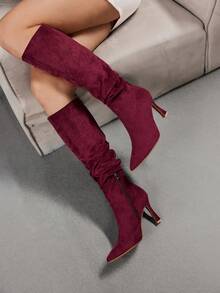 CUCCOO SZL Autumn And Winter Pointed Stiletto Burgundy Suede Piled Boots Pleated Boots Fashion Simple Sexy Nightclub Party High Boots Women Knee Boots High Boots Fall Shoes - Burgundy - View 3