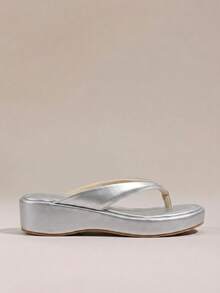 HighSole 春夏新款銀色厚底坡跟夾腳拖鞋女鞋，女款防滑增高休閒舒適涼鞋，海灘度假戶外首選百搭涼鞋，居家必備女款厚底拖鞋 - 銀色 - 查看 2