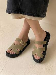 HighSole 女士搭扣设计休闲厚底凉鞋，适合日常穿着，圣诞节也适用 - 卡其色 - 查看 4
