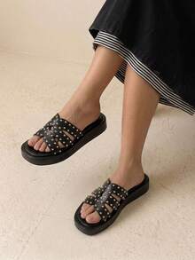 HighSole 春夏鉚釘寬帶厚底拖鞋，舒適輕便平底極簡女款拖鞋，日常穿著 - 黑色 - 查看 3