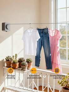 1PC Heavy Duty Retractable Clothesline, Wall-Mounted Drill-In Rustproof Stainless Steel Laundry Drying Rack, Adjustable Space-Saving Clothes Line For Indoor Outdoor Balcony Bathroom Apartment, Household Drying Rope - Multicolor - View 2