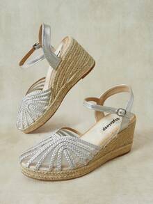 Styleloop Zapatos de plataforma con tacón de cuerda de cáñamo y tirador trenzado estilo vacacional plateado para mujer - Plateado - Ver 6