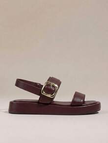 HighSole 雙帶式露趾方頭厚底平底休閒女款涼鞋，適合通勤、購物、度假穿著 - 酒紅色 - 查看 2
