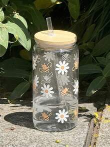 16 Ounce Leak Proof Transparent Water Cup With Straw | Cute Daisy And Cartoon Bee Pattern | Travel Cup Suitable For Iced Coffee | Comes With Lid And Straw | Printed With "Soda Can" Style | Fashionable And Fun Suitable For Iced Drinks - Multicolor - View 3