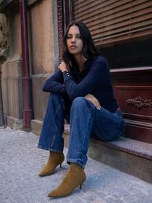 Nöista Pointed Toe Microfiber Ankle Boot With A Clean Silhouette, Slim Wood-Effect Kitten Heel And Inside Zip Closure. Fall Boots - Brown - View 3