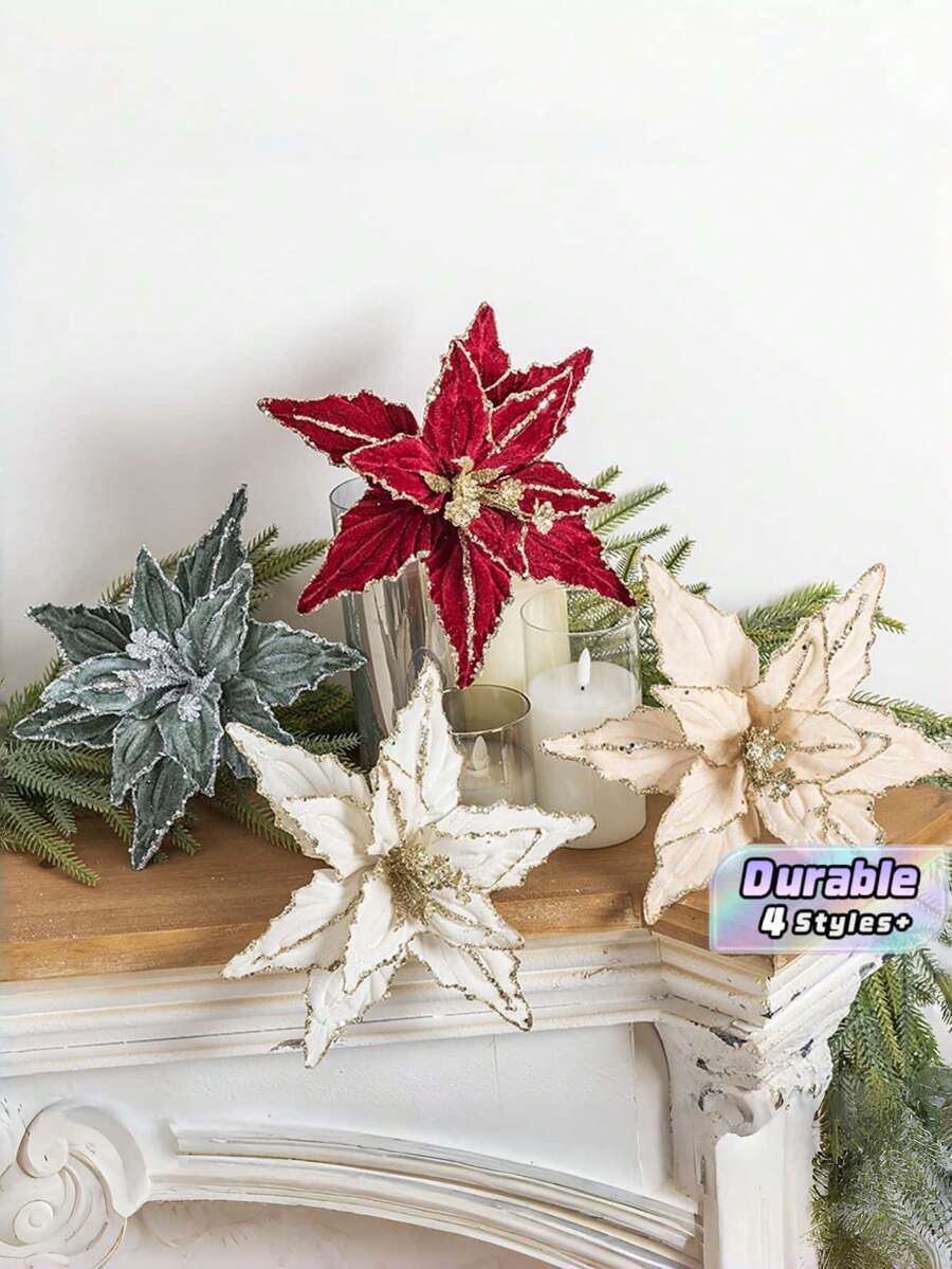 26CM 奢華天鵝絨人造聖誕花枝,紅金亮片花莖,假花枝,適用於聖誕樹花環裝飾布置 - 多色 - 查看 1