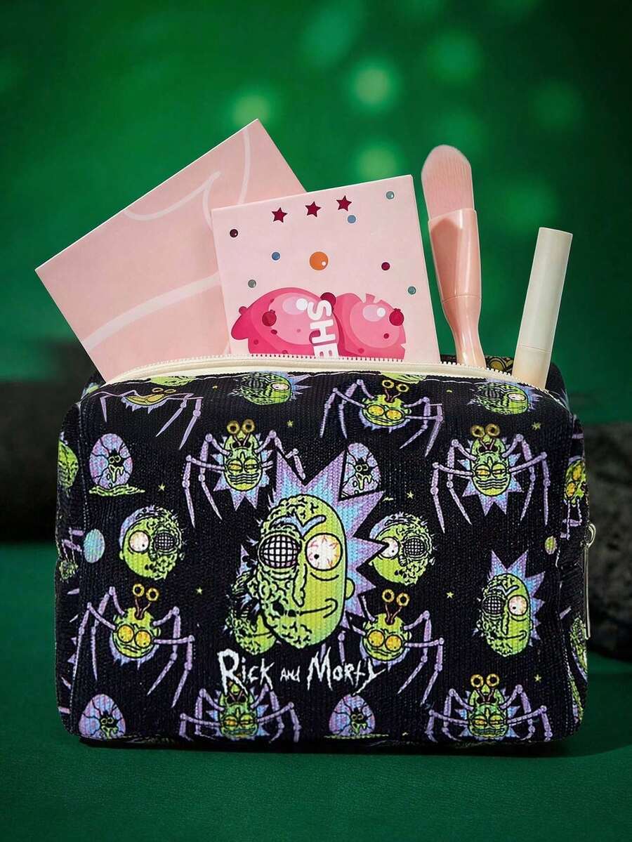 ADVENTURE TIME X POKOJA LAND 黑色滿版卡通蜘蛛外星角色印花拉鍊化妝包 便攜收納袋 適合化妝品與小物品 日用 - 黑色 - 查看 1