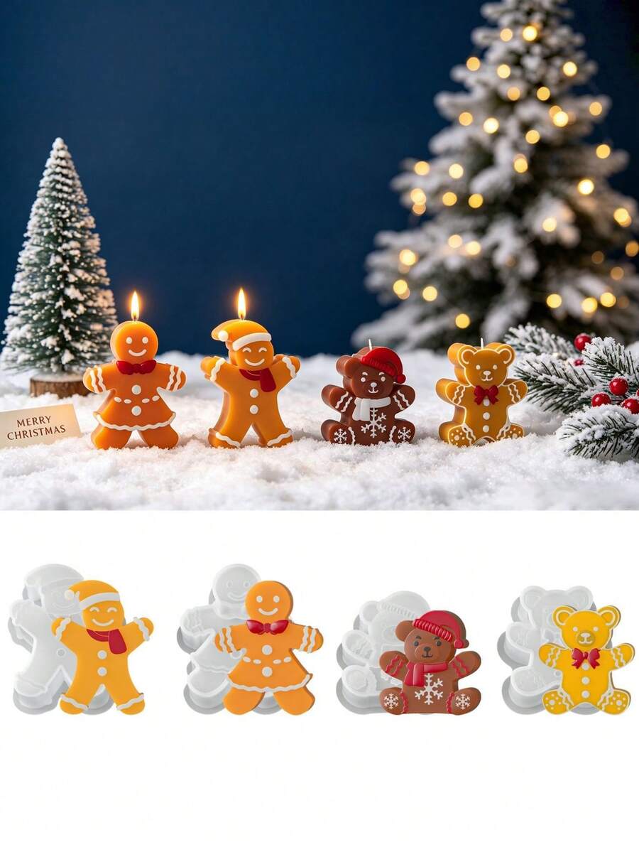 Christmas Silicone Mold DIY, Gingerbread Man Snowman Snowflake Bear Pendant Ornament Mold For Resin Candle Plaster Craft Making - White - View 1
