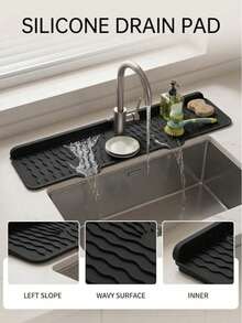 Faucet Drain Mat, Kitchen Silicone Mat, Foldable Splash-Proof Drainage Tray, Dish Drain Mat, Non-Slip, High-Temperature Resistant Splash-Proof Mat, Waterproof Countertop Protector For Kitchen And Bathroom Sinks, Suitable For Kitchens And Bathrooms. - Black - View 3