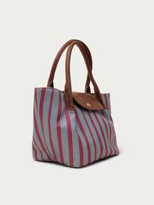 Nöista Tas jinjing bergaris warna merah anggur dan biru kehijauan dengan pegangan PU cokelat, penutup flap, dan bentuk yang santai. - Biru - View 3