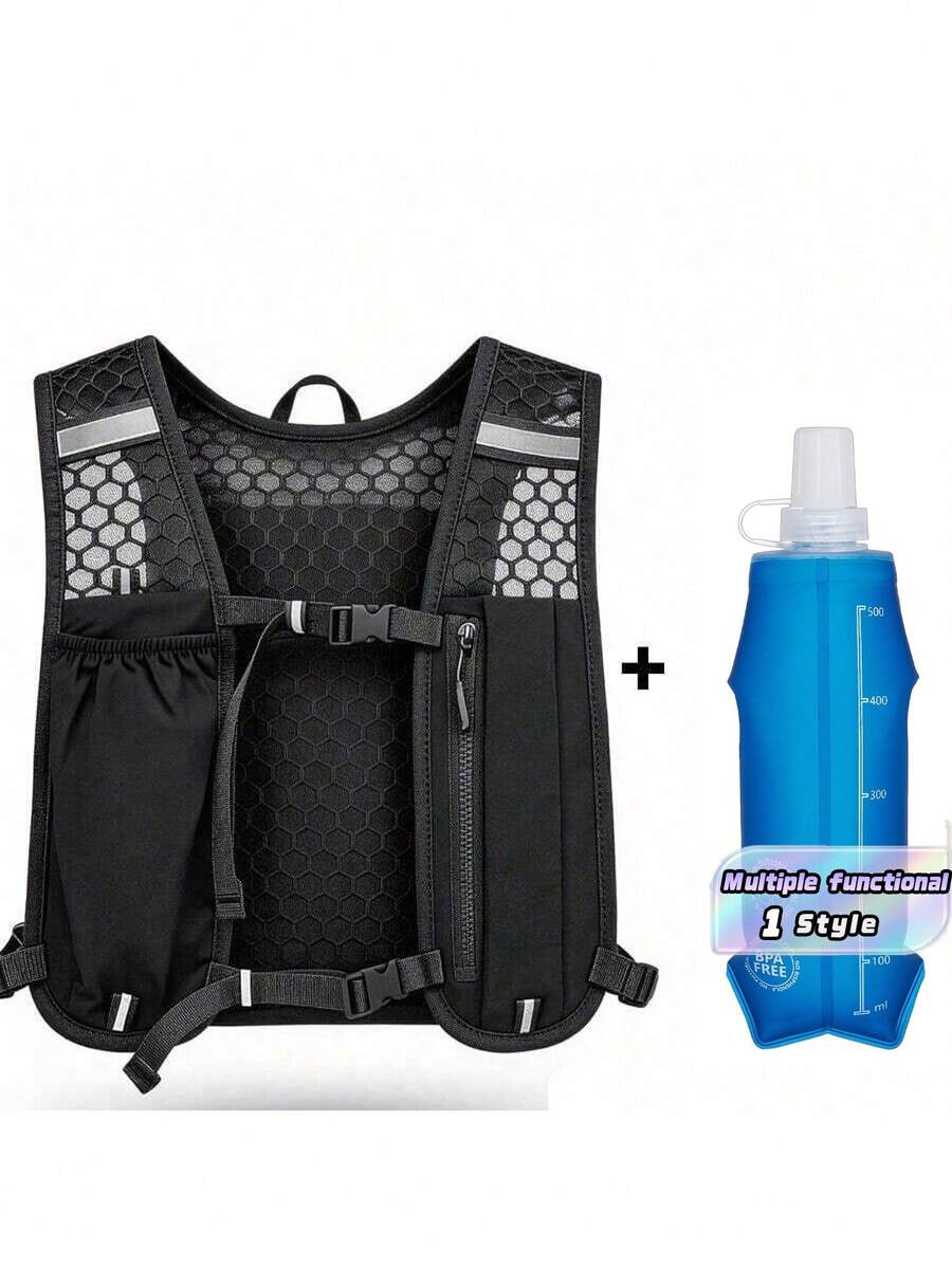 1pc 500ml Soft Water Bottle Backpack, With Phone Pocket, Lightweight Running Water Bag, Suitable For Men & Women, Adjustable Strap To Prevent Bouncing, Suitable For Trail Running, Marathon, Cycling - Black - View 1