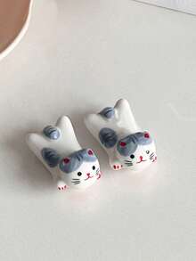2pcs Ceramic Cat Shaped Chopstick Rest Holder, Cute Ins-Style Kitty Utensil Stand, Creative Tabletop Decor Stationery Holder - Multicolor - View 14