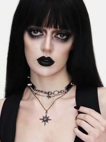 MortiRose Punk Style Rivet Leather Star Necklace Dark Babes Multi-Layer Collarbone Chain Personalized Niche Collar - Black - View 5