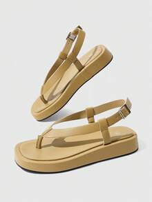HighSole 春夏新款可調節扣環都市極簡風涼鞋，柔軟舒適，適合通勤、購物、海邊度假、音樂節穿著 - 卡其42# - 查看 8