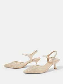 CUCCOO HITCHD French Mesh Rhinestone Pointed Back Empty Sandals Female Gentle Buckle Stiletto High Heels Breathable Embroidery Fairy Style Commuter Shoes - Apricot - View 3