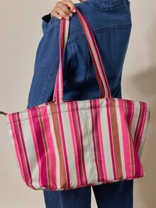 Nöista Striped Canvas Tote Bag In Pink,Green, Brown And Cream With Long Matching Handles, Zip Closure, And A Spacious Shape. - Red - View 5