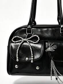 ROMWE 1 Piece Y2K Dark Goth Glossy Boston Bag Girl, Spider Web Skeleton Hand Star Chain Bead Bow Decorative Shoulder Bag, Subculture Hottie Commuter Handbag - Black - View 3