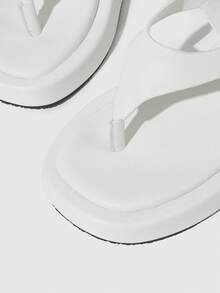 HighSole 女款舒適休閒厚底繫帶方頭夏季日常通勤極簡白色夾腳厚底涼鞋 - 白色PU - 查看 4