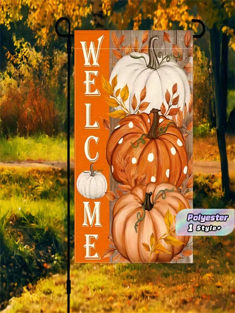 1PC Fall Pumpkin Welcome Garden Flag, Double-Sided Outdoor Decor With Orange Background Autumn Leaves, Polyester For Porch, Yard, Thanksgiving, Halloween, Home, Seasonal - multicolor - View 1