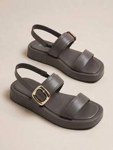HighSole 雙帶式露趾方頭厚底平底休閒女款涼鞋，適合通勤、購物與度假穿著 - 淺灰色 - 查看 6