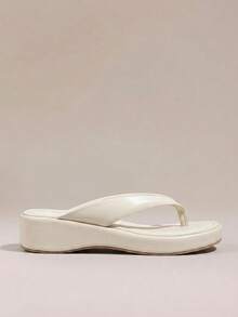 HighSole 春夏新款米色厚底坡跟夾腳拖鞋女鞋，女款防滑增高休閒舒適涼鞋，百搭涼鞋 - 杏色 - 查看 2