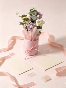 Handmade Daisy Flower Bouquet With Pink Round Gift Bucket, Artificial Floral Arrangement With Ribbon Bow, Mini Fake Flower Decor For Desktop, Birthday & Holiday Gift - Purple bouquet - View 5