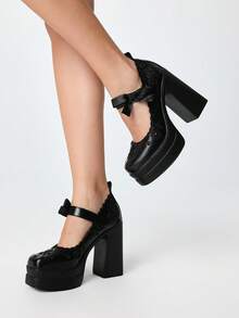 ROMWE Goth Ladies Sexy Platform High Heels Shoes Dark Retro Hollow Embroidery Engraved Bow Daily Commute Nightclub Party - Black - View 6