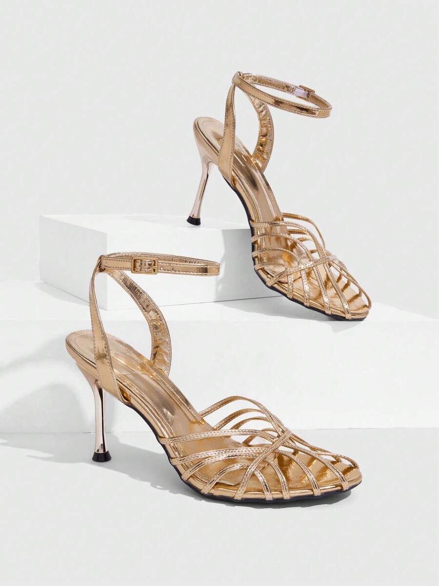 CUCCOO SZL Sepatu Wanita Musim Panas Anyaman Multi-Pita Hak Tipis Seksi Mengkilap Emas Sandal Terbuka untuk Pesta Makan Malam Sepatu Musim Panas - Sampanye - View 1