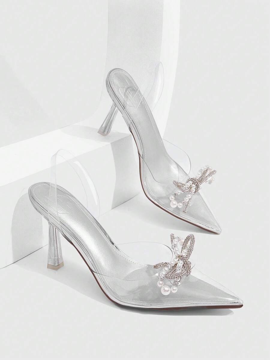 CUCCOO SZL 女士尖頭高跟鏤空鞋 時尚優雅派對鞋 透明TPU面料 珍珠花鑽飾腰帶蝴蝶結高跟鞋 - 銀鐵板 - 查看 1