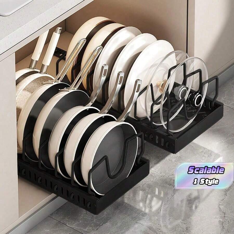 1pc Heavy Duty Pull-Out Pot Lid Organizer, Under Cabinet Mount, 7-Tier Adjustable Shelves, Space-Saving Slide-Out Rack, Suitable For Pots, Pans And Pot Lids, For Kitchen, Dining Room Or Home Use, Easy Install Under Cabinet Storage Rack - Multicolor - View 1