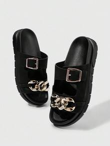 HighSole Women's Metal Chain Decor Buckle Design Casual Flat Slide Sandals - Black - View 9