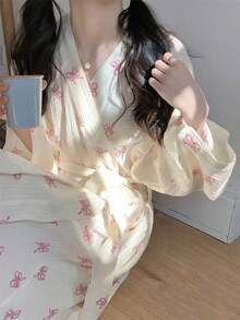 1pc Women Cute Pink Bow Print Kimono Bath Robe, Crinkle Gauze Wrap Robe With Belt & Pockets, Lightweight Soft Loungewear Bathrobe For Home Shower Daily Indoor Lounging - Pink - View 11