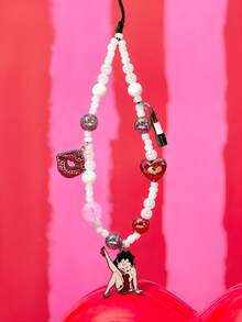 Betty Boop x SHEIN 時尚鋅合金粉色手工串珠女士手機鍊 可愛手機掛繩 手機吊飾 愛心 親吻 禮物靈感 派對 節慶 情人節 - 混色 - 查看 1