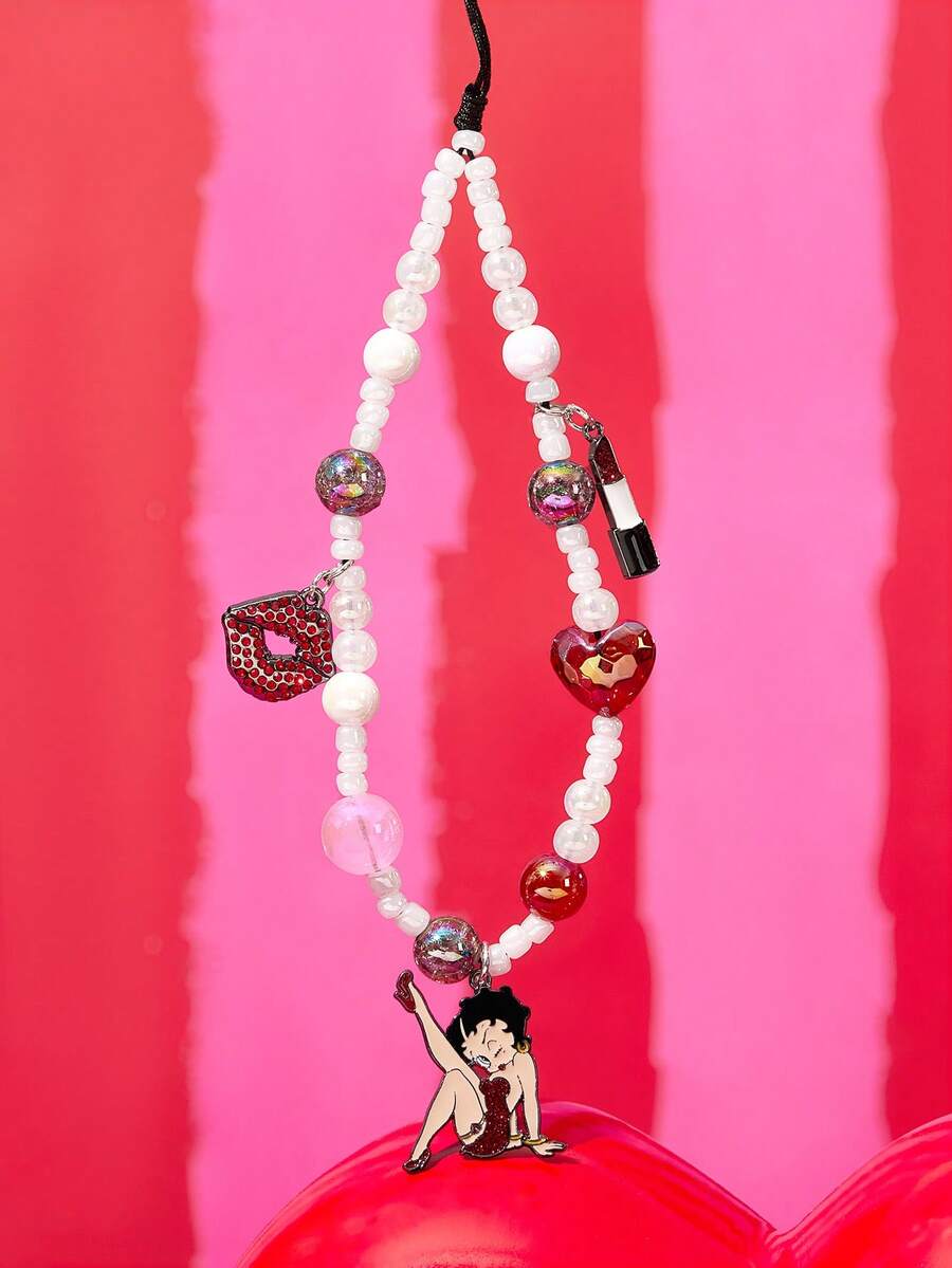 Betty Boop x SHEIN 時尚鋅合金粉色手工串珠女士手機鍊 可愛手機掛繩 手機吊飾 愛心 親吻 禮物靈感 派對 節慶 情人節 - 混色 - 查看 1