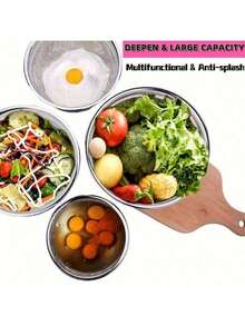3 PiecesSalad Bowl Set With Cover, Mixing Bowl Set, Stainless Steel Salad Mixing Bowls With Silicone Base And Lids, Non-Slip For Food Storage, Meal Prep, Salad And More, Kitchen Gadgets And Accessories - View 7