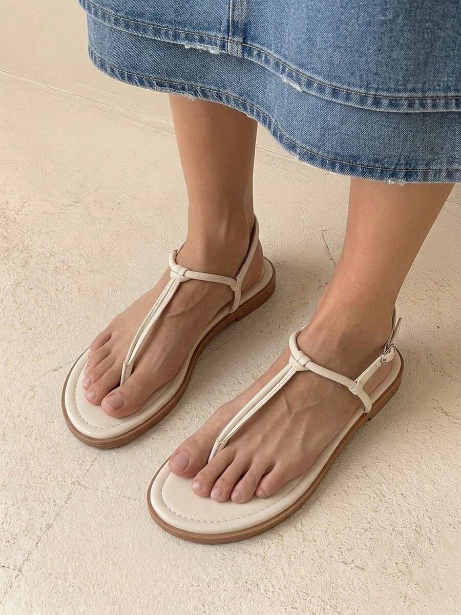 HighSole 女士平底凉鞋,趾带设计,舒适百搭,适合春夏户外/室内穿着,简约时尚,适合度假、日常通勤,优雅复古风。 - 米 - 查看 1