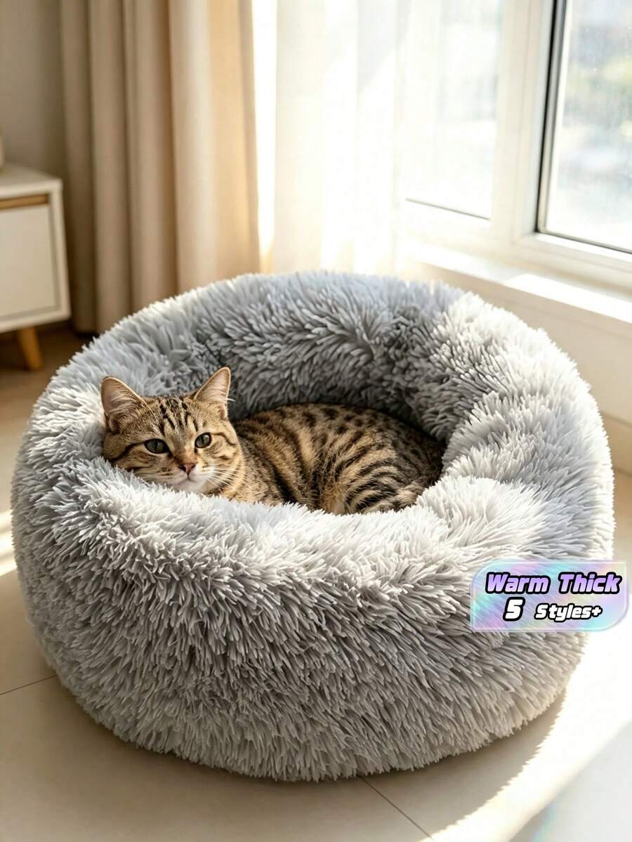 1PC Light Gray Round Warm Thick Pet Bed Mat Multiple Sizes For Medium Small Cats Dogs Indoor Use Soft Cozy Full Season Essential For Pet Lovers Non Detachable Cushion - Grey - View 1