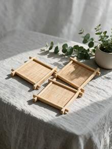 Haus Hana 6Pcs Bamboo Square Coaster, Japanese‑Style Well‑Shaped Teacup Holder, Heat‑Resistant Anti‑Scald Bamboo Tea Tray, Decorative Cup Mat, Practical Table Ornament For Kung Fu Tea Set, Home Tabletop Tea Ceremony Daily Use Decor Accessories - Multicolor - View 9