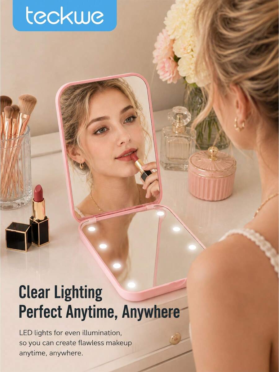 Teckwe High-Definition Folding Makeup Mirror, Handheld LED Makeup Mirror With Light, 2x Magnification, Portable, Small Mirror With Fill Light. - Multicolor - View 1