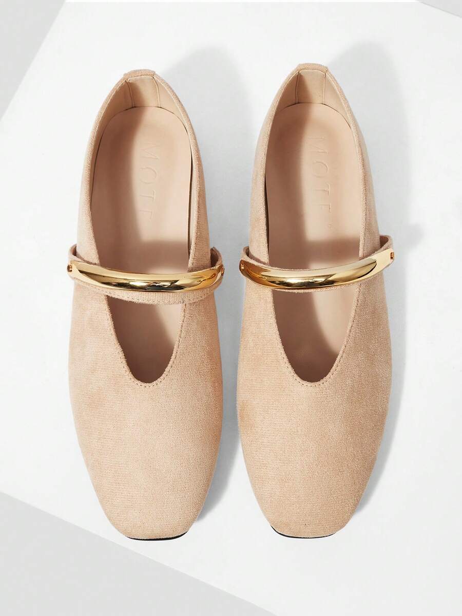 MOTF PREMIUM WOMEN'S DAILY COMMUTE MINIMALIST ELEGANT APRICOT VELVET METAL RING DECOR SLIP-ON FLAT SHOES FALL SHOES - apricot flannel - View 1