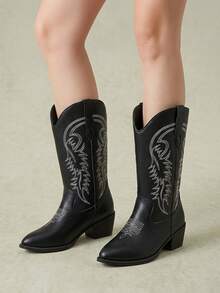 Styleloop Women's Black Gothic Punk Style White Embroidered Line V-Neck Butterfly Western Mid-Calf Chunky Heel Boots, Halloween Winter Boots - Black + white line - View 2