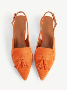 CUCCOO CHICEST Suede Fringed Pointed Toe Low Heel Strap Shoes, Elegant Closed Toe Slingback Commuter Women's Sandals Fall Shoes - Orange - View 2