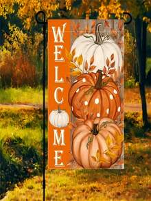1PC Fall Pumpkin Welcome Garden Flag, Double-Sided Outdoor Decor With Orange Background Autumn Leaves, Polyester For Porch, Yard, Thanksgiving, Halloween, Home, Seasonal - multicolor - View 6