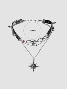 MortiRose Punk Style Rivet Leather Star Necklace Dark Babes Multi-Layer Collarbone Chain Personalized Niche Collar - Black - View 6