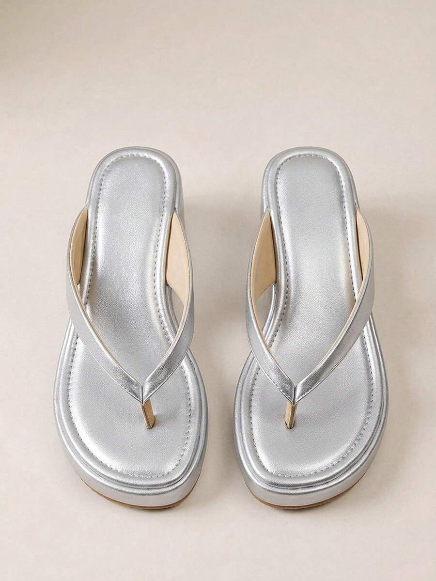 HighSole 春夏新款銀色厚底坡跟夾腳拖鞋女鞋,女款防滑增高休閒舒適涼鞋,海灘度假戶外首選百搭涼鞋,居家必備女款厚底拖鞋 - 銀色 - 查看 1