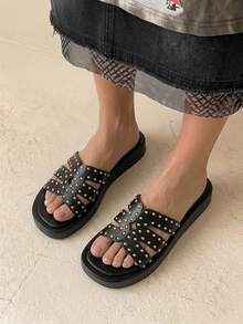 HighSole 春夏鉚釘寬帶厚底拖鞋，舒適輕便平底極簡女款拖鞋，日常穿著 - 黑色 - 查看 4